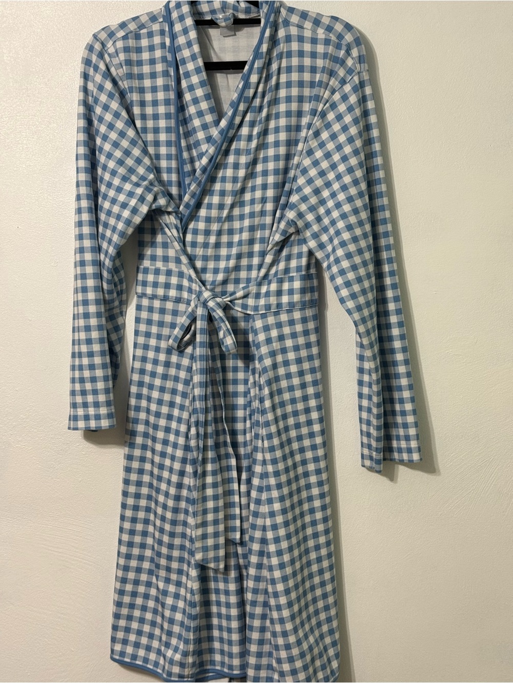 LAKE Pima Blue and White Gingham Wrap Robe - size Large